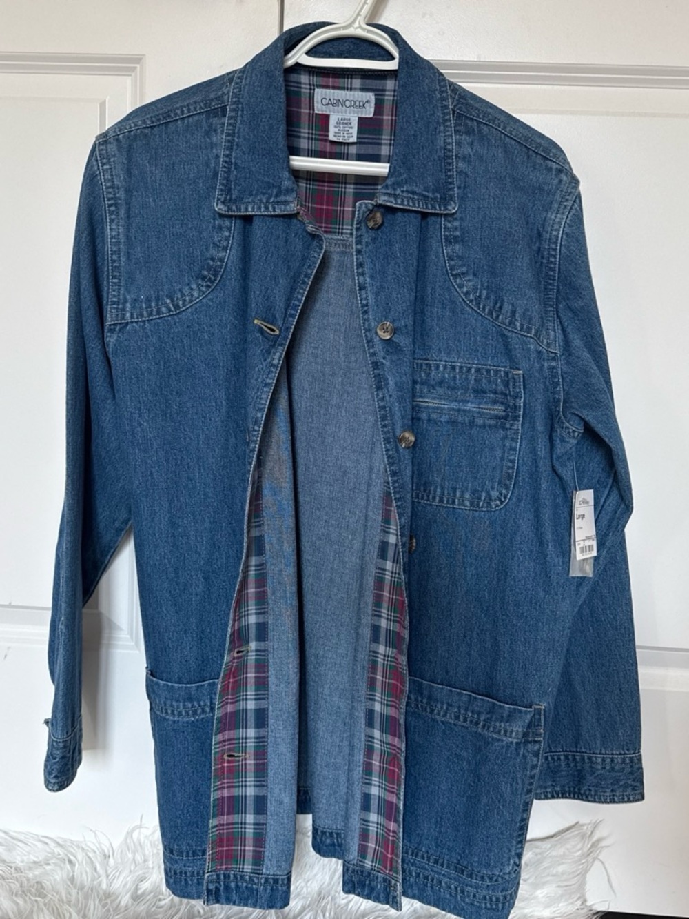 Cabin Creek Blue Denim Jacket with Red-Accent Plaid Lining